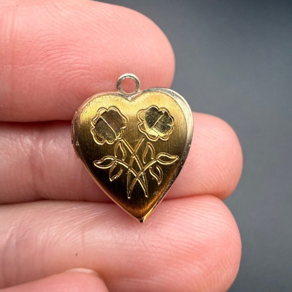 Vintage Gold Plated Heart Photo Locket Charm Sweetheart Rose Etched Small Dainty
